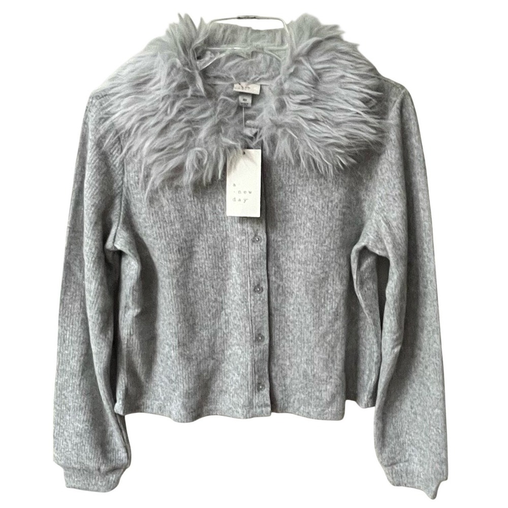 a new day Faux Fur Collar Button Down Cardigan Womens XS Light Gray New